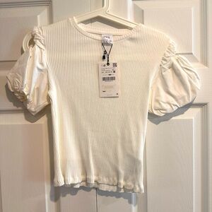 Zara White Puff Sleeve Ribbed Top